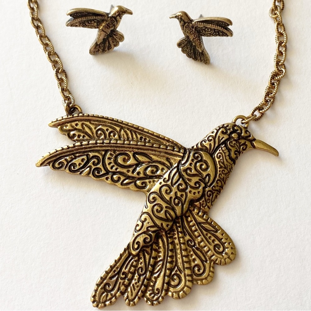Patricia Nash Set Hummingbird Necklace and Earring Antiqued Bronze Color